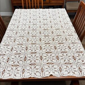 ⭐️New Handmade Intricate White Crochet Tablecloth 64”L x57” W Approx.